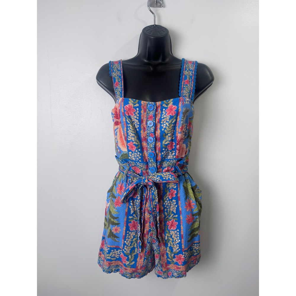 Farm Rio Stitched Garden Blue Romper Blue Floral Tropical Smocked Small
